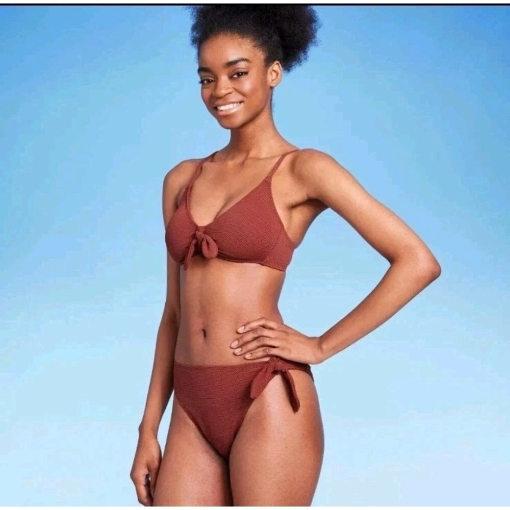 Women's Earthy Textured Bikini, Swim Tie Front , Brown Rust, Hardware, XXS (00)